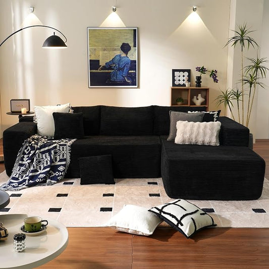 ovios 104" Cloud Boneless Couch with L-Shape Chaise,Modern Sectional Modular Sofa with Deep Seat, Upholstered Couches for Living Room Bedroom,No Assembly Required, Black (Corduroy Fabric)