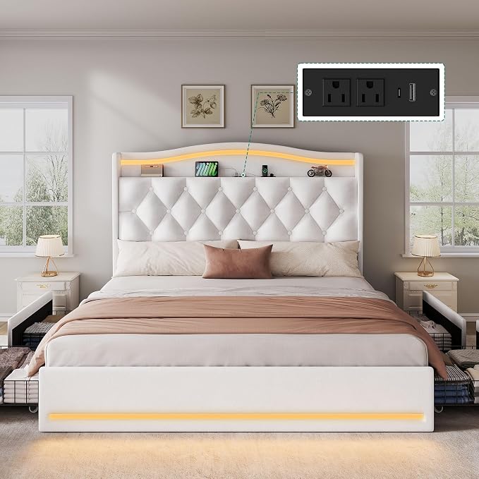 DWVO Queen Size Bed Frame with 4 Storage Drawers and RGB LED Lights, 57'' Tall Headboard Velvet Upholstered Bed with Charging Station, No Box Spring Needed, Easy Assembly, Noise-Free, White