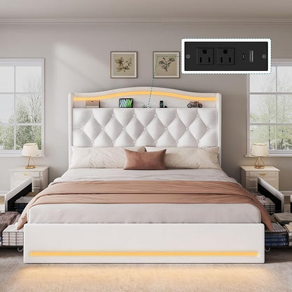 DWVO Queen Size Bed Frame with 4 Storage Drawers and RGB LED Lights, 57'' Tall Headboard Velvet Upholstered Bed with Charging Station, No Box Spring Needed, Easy Assembly, Noise-Free, White