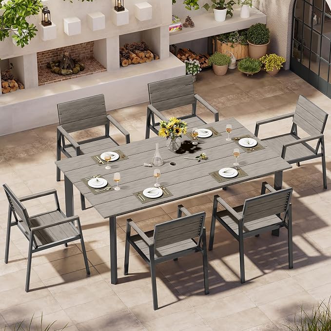 Oasbira Outdoor Dining Set for 6, Aluminum Patio Table and Chairs Set with Umbrella Hole, 7 Piece HDPS Outdoor Furniture Sets for Patio, Garden (Gray)