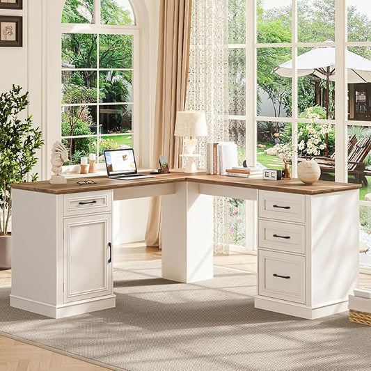 Vabches Farmhouse 59" L-Shaped Executive Desk with Drawers, Wood Home Office Corner Desk with File Drawer, Storage Cabinet, Rustic Computer Writing Desk for Home Office (Unique White)