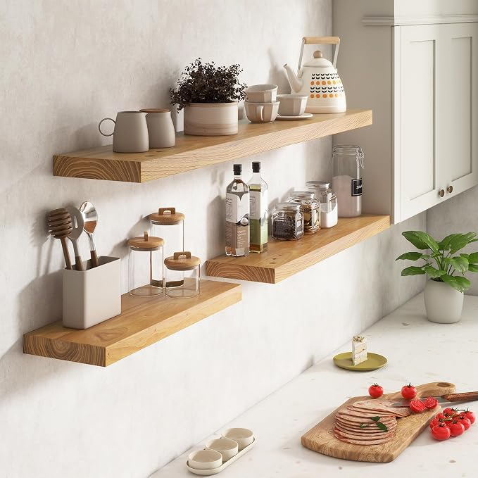 Venusmiles Elm Floating Shelves for Wall Decor, Rustic Solid Wood Shevles Wall Mounted with Invisible Bracket for Living Room Bathroom Bedroom Kitchen, 20 Inch Set of 2, Natural