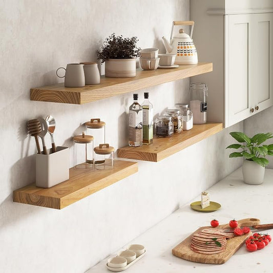 Venusmiles Elm Floating Shelves for Wall Decor, Rustic Solid Wood Shevles Wall Mounted with Invisible Bracket for Living Room Bathroom Bedroom Kitchen, 20 Inch Set of 2, Natural