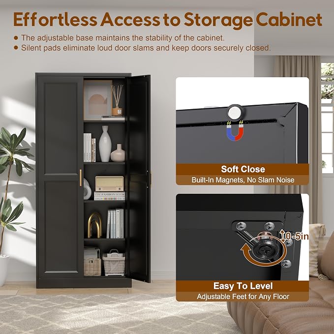 UNICOLY 71" Kitchen Pantry Cabinet, Pantry Storage Cabinet with Doors and 4 Shelves, Metal Storage Cabinets for Kitchens, Living Room, Dinning Room, Assembly Required, Black