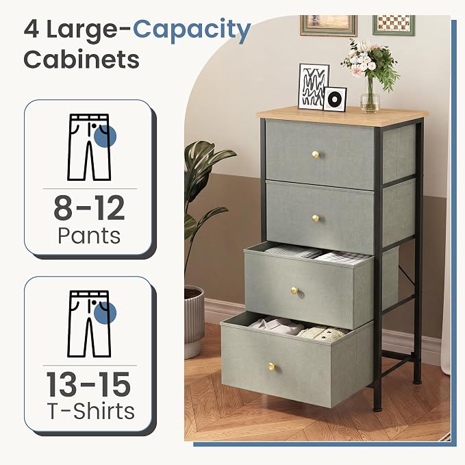 DUMOS Nightstand with 4 Drawers Bedside Table with Removable Fabric Bins Sturdy Steel Frame Wood Top Organizer Furniture for Bedroom Closet Living Room, Greyish Green