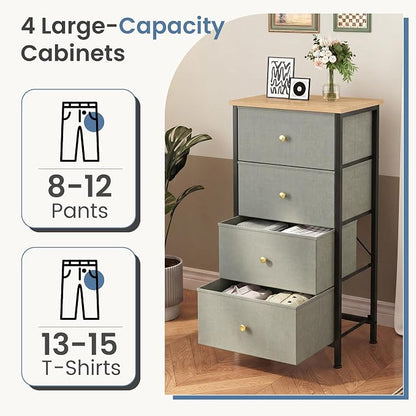 DUMOS Nightstand with 4 Drawers, Bedside Table with Removable Fabric Bins, Sturdy Steel Frame Wood Top Organizer Furniture for Bedroom Closet Living Room, Ink Green