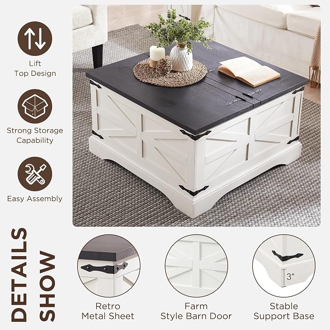 JXQTLINGMU Farmhouse Lift Top Coffee Table with Large Storage, 36" Square Wood Living Room Table with Hidden Compartment, Lift Tabletop Dining Table for Home, White