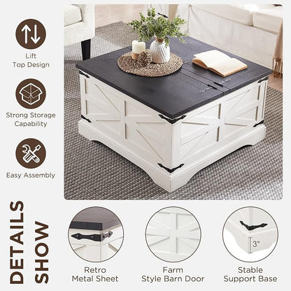 JXQTLINGMU Farmhouse Lift Top Coffee Table with Large Storage, 36" Square Wood Living Room Table with Hidden Compartment, Lift Tabletop Dining Table for Home, White