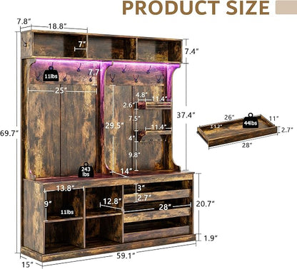iPormis 70“ Large Hall Tree with Bench and Adjustable Storage Shelves, 6-in-1 Farmhouse Entryway Bench w/Coat Rack, Top Storage, Small Shelves for Entryway, Living Room, Led Lights, Rustic Brown