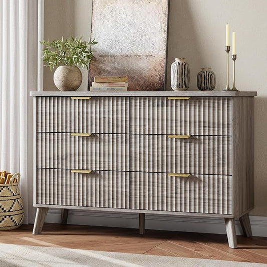 GarveeHome Fluted Dresser for Bedroom with 6 Deep Drawers, 47.2 in Wide Modern Chest of Drawers, Wooden Dresser TV Stand, Curved Profile Design, for Living Room, Kids Room, Hallway, Grey