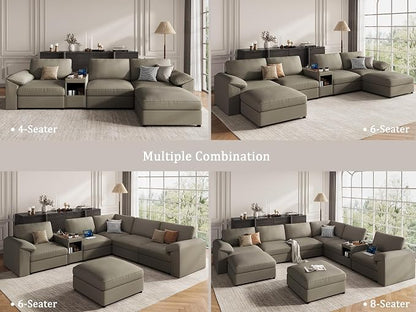 EASE MOOSE Faux Leather Sectional Couch with Console, Oversized Modular Sofa, Modern Comfy Modular Couch, Scratch Resistant Material Sofas, U Shaped Couch for Big Spaces, Light Grey