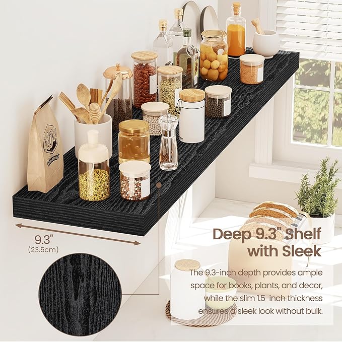 Vivelove 40 Inch Floating Shelves, Deep Wall Shelves with Invisible Brackets, Display Shlf for Bathroom Living Room Kitchen Bedroom Office Farmhouse Home Decor, 40" X 9.3" X 1.5" - Set of 2, Black