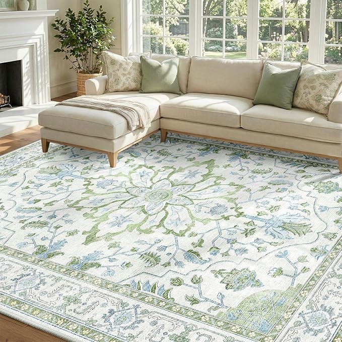 RELEANY Area Rugs 7'x10' Washable Non-Slip, Floral Vintage Distress Medallion Carpet for Living Room Bedroom Dining Room, Green White Blue