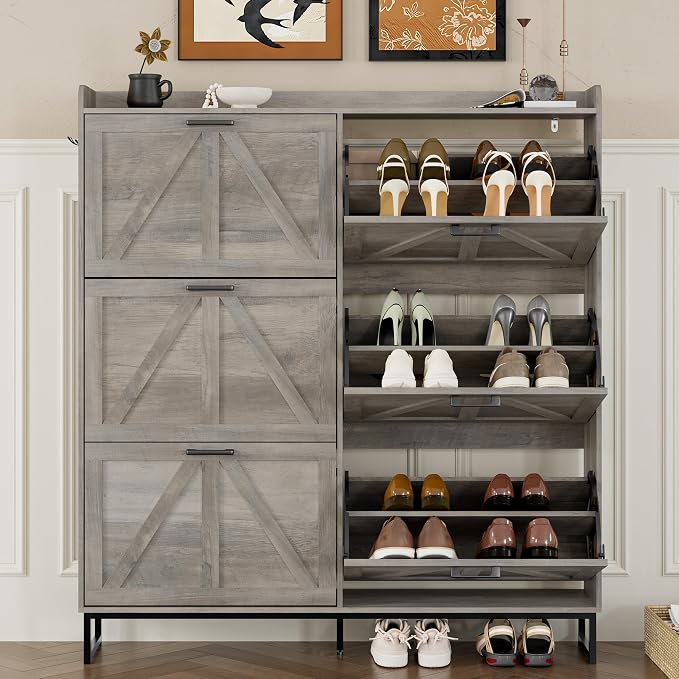 BORNOON Shoe Cabinet with 6 Flip Drawers Narrow Shoe Storage Cabinet Organizer Wooden Freestanding Shoe Rack Hidden Slim Shoes Storage Cabinet for Entryway, Hallway, Living Room, Bedroom
