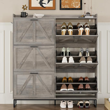 BORNOON Shoe Cabinet with 6 Flip Drawers Narrow Shoe Storage Cabinet Organizer Wooden Freestanding Shoe Rack Hidden Slim Shoes Storage Cabinet for Entryway, Hallway, Living Room, Bedroom