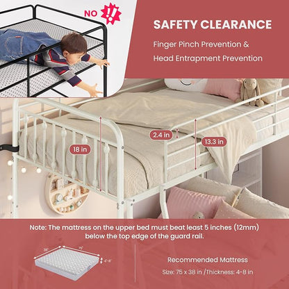 SHA CERLIN Convertible Twin Over Twin Bunk Bed, CPC Certified,White | Victorian Iron-Art Headboard and Footboard,Space-Saving Metal Bunk Bed with Guardrail & Ladder,No Box Spring Needed