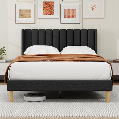 alazyhome Platform Bed Frame Queen Size with Upholstered Headboard, Solid Wood Slats Support, No Box Spring Needed, Noise Free, Easy Assembly, Modern Fabric Bed, Black