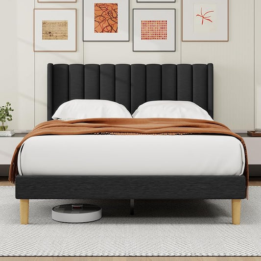 alazyhome Platform Bed Frame Queen Size with Upholstered Headboard, Solid Wood Slats Support, No Box Spring Needed, Noise Free, Easy Assembly, Modern Fabric Bed, Black