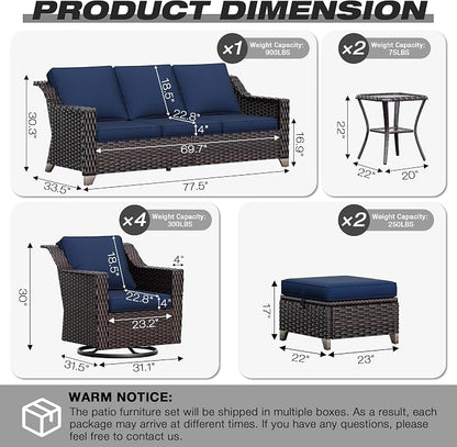 Joyside Wicker Patio Furniture Sets, 9 Pieces Upgraded Large Size Outdoor Furniture with 4 Swivel Rocking Patio Chairs, 3-Seat Sofa, Outdoor Ottoman, Thick Cushions, Wide Armrest, Blue