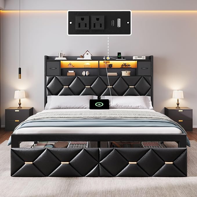 YITAHOME Queen Size Bed Frame with 2 Storage Drawers and Storage Headboard, Upholstered Platform with Charging Station and LED Light, No Box Spring Needed, Noise Free, Easy Assembly, PU Leather Black