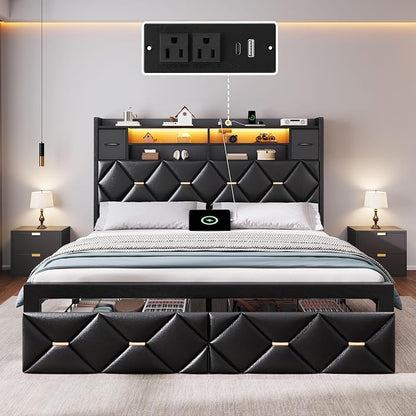 YITAHOME Queen Size Bed Frame with 2 Storage Drawers and Storage Headboard, Upholstered Platform with Charging Station and LED Light, No Box Spring Needed, Noise Free, Easy Assembly, PU Leather Black