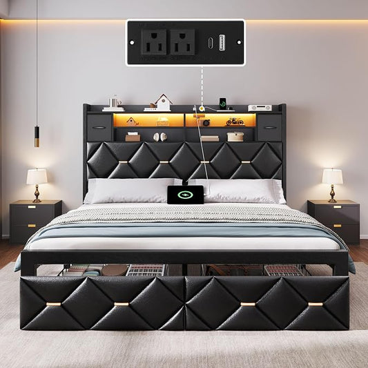 DWVO Queen Size Bed Frame with 2 Storage Drawers and Storage Headboard, Upholstered Platform with Charging Station and LED Light, No Box Spring Needed, Noise Free, Easy Assembly, PU Leather Black