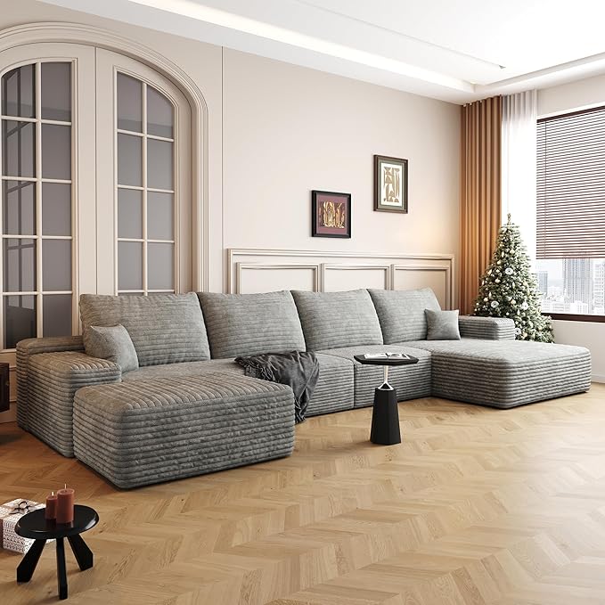 AUGOP 136" Sectional Couches for Living Room Modern Modular Sofa with L-Shape Couchs Upholstered Boneless Couch Deep Seat Sectional Couch with Chaise (Grey, Right Facing Chaise+3Seaters+Ottoman)