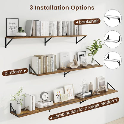 Axeman Deep Floating Shelves | 55 Inch Brown Wall Shelves Set of 2 | 10 Inch Deep Wood Floating Shelves for Wall | 55" W x 10" D Rustic Brown Shelves for Living Room Bathroom Kitchen