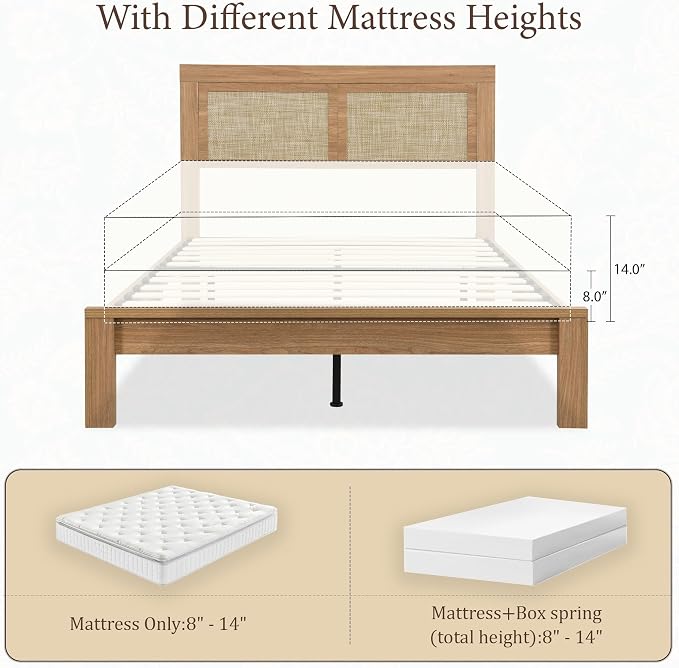 XIAO WEI 3-Piece Boho Bedroom Furniture Set, Full Wood Bed Frame with Tall Rattan Headboard, Night Stand Set of 2 with Charging Station, Modern Bedroom Furniture Set