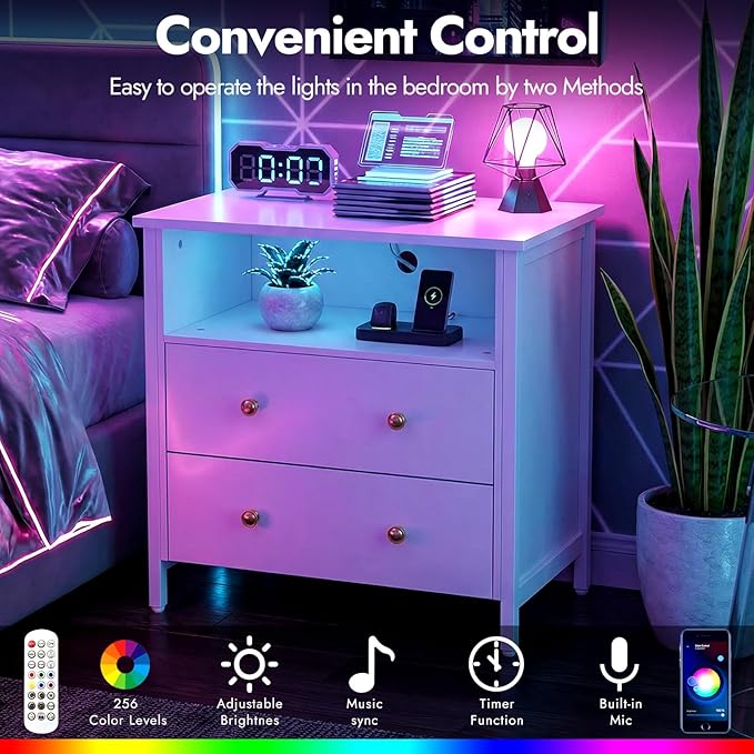 27 Inch LED Nightstand with Charging Station, 2 Drawers, White | Solid Wood and Steel Frame, 2 AC Outlets, 2 USB Ports, RGB App Control, Open Storage, Adjustable Feet, for Bedroom or Office