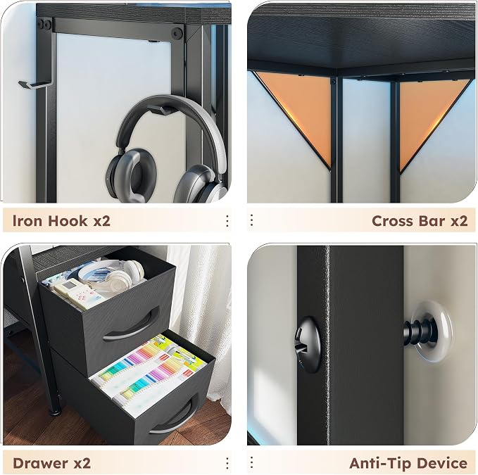 DurayLoly 63" Triangular Corner Desk with Hutch,Ample Storage for Small Room,Spacious 36" W Desktop,2 Fabric Drawers and Bottom Wooden Shelves,Versatile Computer Desk that Meets All Your Needs,Black