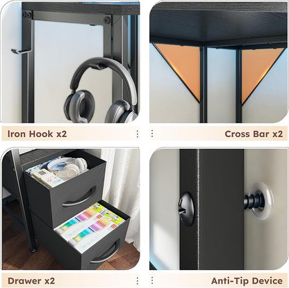 DurayLoly 63" Triangular Corner Desk with Hutch,Ample Storage for Small Room,Spacious 36" W Desktop,2 Fabric Drawers and Bottom Wooden Shelves,Versatile Computer Desk that Meets All Your Needs,Black