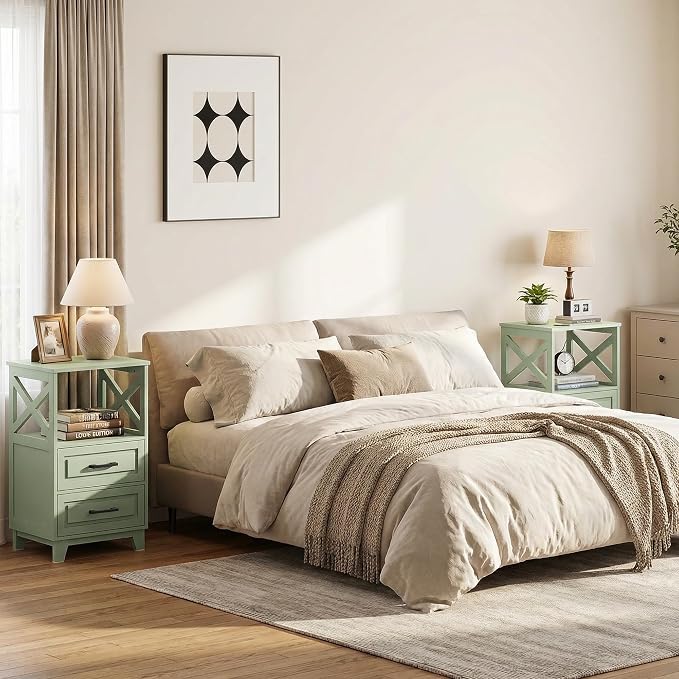May in Color Nightstand Set of 2, 30" Tall Side Table with 2 Drawers and Open Shelf, Bedside Table with Solid Feet, Modern Night Stand End Table for Bedroom, Home Office, Green