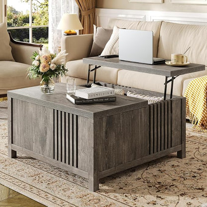 knoworld Farmhouse Lift Top Coffee Table with Storage, 35" Square Large Coffee Table with Hidden Compartment, Rustic Wood Center Table for Living Room, Grey Oak