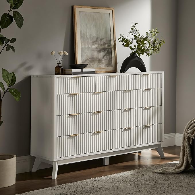 T4TREAM Fluted 9 Drawer Dresser, Modern Chest of Drawers with Faux Marble Top, Curved Profile Design, Dresser TV Stand, Wood Drawer Organizer for Bedroom, Living Room, Hallway, Solid White