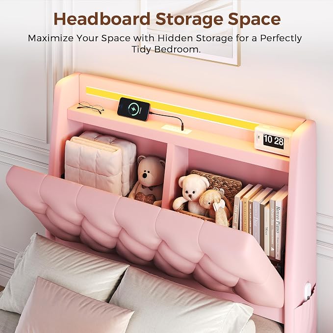 Twin LED Velvet Bed Frame with 2 Storage Drawers&Hidden Headboard, Upholstered Platform Bed with Charging Station&Button Tufted Design, Wooden Slats Support, Box Spring Optional, Easy Assembly, Pink