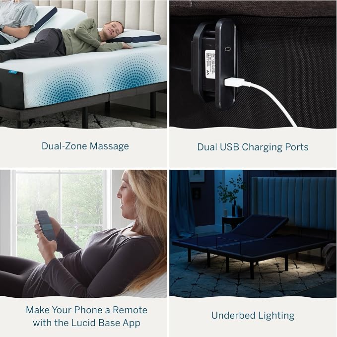 Lucid® L600 Adjustable Bed Frame – Zero Gravity – Massage – App, Queen