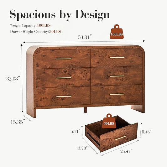 Curved 6-Drawer Dresser for Bedroom, 54" Wide Modern Chest of Drawers, Vanity Desk TV Stand for Living Room, Closet Storage Drawers Organizer Furniture, Nursery, Dark Burl