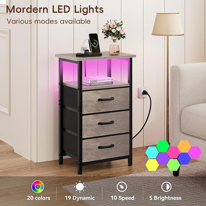 Vagusicc Night Stand Set 2 with Charging Station, LED Nightstand for Bedroom, Bedside Table with 3 Fabric Drawers, End Table Side Table with USB Ports & Outlets, Bed Side Table for Bedroom, Greige