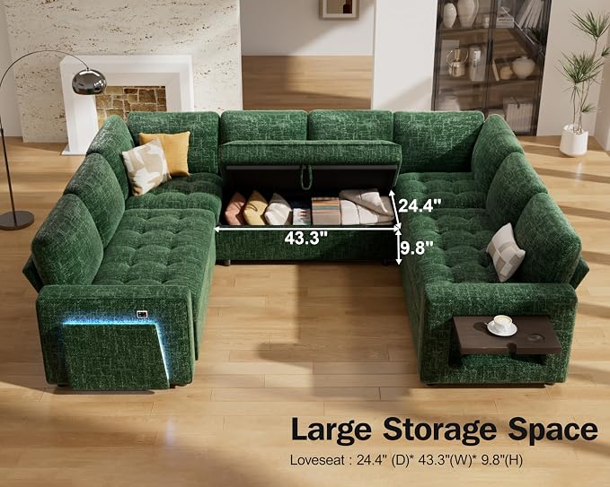 Vipbear 8 Seat U Shaped Modular Sectional Sleeper Sofa with Pull Out Bed/Reclining Backrest/USB Ports/Table/LED Light/Storage Seat, Sectional Sleeper Couch, Tool-Free Assembly, Chenille Green