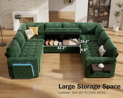 Vipbear 8 Seat U Shaped Modular Sectional Sleeper Sofa with Pull Out Bed/Reclining Backrest/USB Ports/Table/LED Light/Storage Seat, Sectional Sleeper Couch, Tool-Free Assembly, Chenille Green