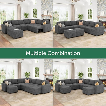HONBAY Modular Sectional Sleeper Sofa with Pull Out Couch, Corduroy Oversized Sectional Couches Pull Out Bed with U Shaped Sleeper Storage for Living Room - Dark Grey