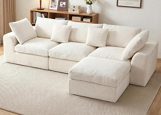 Benazcap 110" Cloud Sectional Couches for Living Room, L-Shaped Convertible Sofa, 3-Seat Modular Boneless Couch with Movable Ottoman, Beige