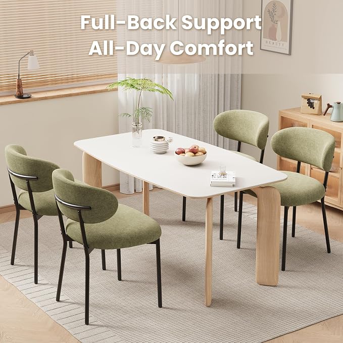 Upholstered Dining Chairs Set of 4, Modern Fabric Kitchen Chairs with Curved Backrest and Cushioned Seat, Sturdy Metal Legs, Modern Dining Chairs for Kitchen Dining Room, Living Room,Green