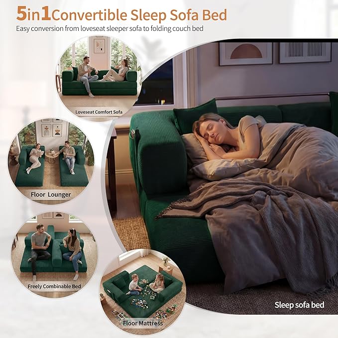 78.8" Convertible Sofa Bed with Armrest Pillow, 4-in-1 Sleeper Couch Bed for Livingroom, Modular Corduroy Boneless couches, No Assembly (Forest Green)