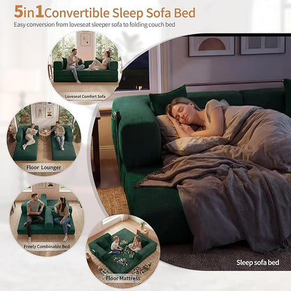 78.8" Convertible Sofa Bed with Armrest Pillow, 4-in-1 Sleeper Couch Bed for Livingroom, Modular Corduroy Boneless couches, No Assembly (Forest Green)