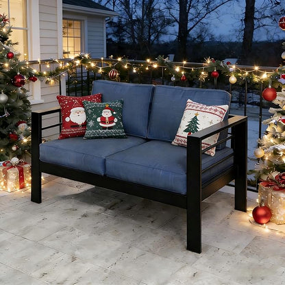 Kiss the Water Loveseat Aluminum Outdoor Patio Sofa Set, All Weather Rust-Proof Metal Patio Couch, Modern Outdoor Furniture for Backyard Porch Garden, 5" Thick Waterproof Olefin Cushions, Light Grey