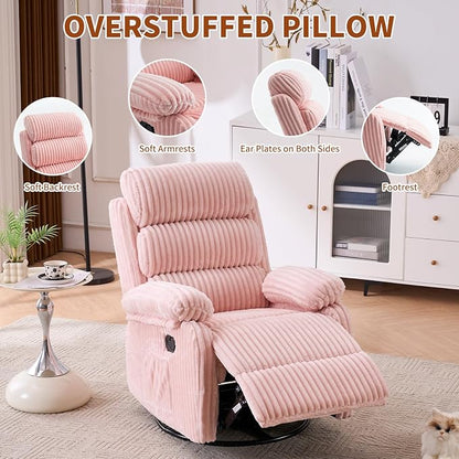 Snug-Cushioned Velvet 360° Swivel Recliner Chair - Gliding Rocking Chair Nursery Recliner, Generous Footrest, Padded Armrests & Side Pocket, Perfect for Nursery & Compact Spaces, Pink