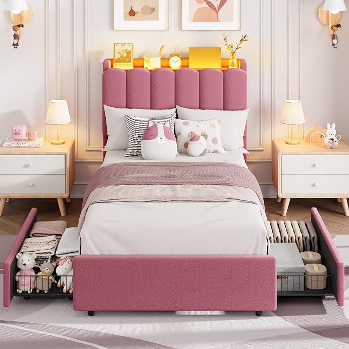Garvee LED Twin XL Bed Frame with Storage Headboard, Kids Bed Frame with 2 Drawers, Boucle Upholstered Platform Bed for Girls, Chic Wavy Headboard with Bookcase, No Box Spring Needed, Dark Pink