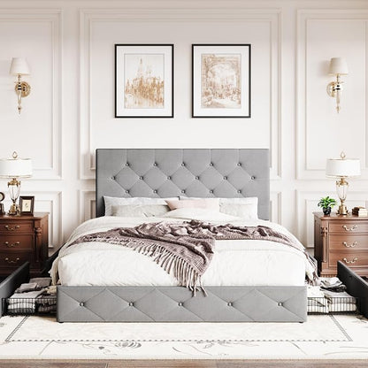 SHA CERLIN Upholstered Queen Size Platform Bed Frame with 4 Storage Drawers, Adjustable Headboard with Diamond Stitched Button Tufted Design, Wooden Slat Support, No Box Spring Needed, Light Grey